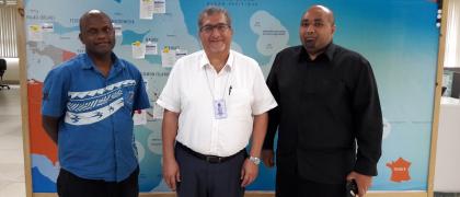 Image of Asian Development Bank principal evaluation specialist Sherine Ibrahim (centre) with PCREEE programme delivery officer Jesse Benjaman (left) and Asian Development Bank - Tonga staff member Kaione Loumoli – 31/01/20